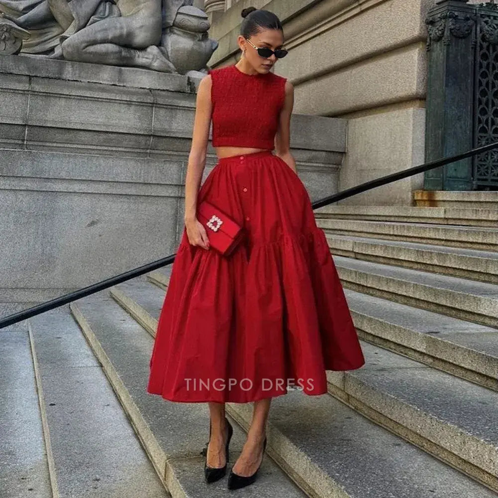 Elegant A-Line Red Sleeveless Crop Top and Tiered Midi Skirt Set Ankle-Length Prom Dress