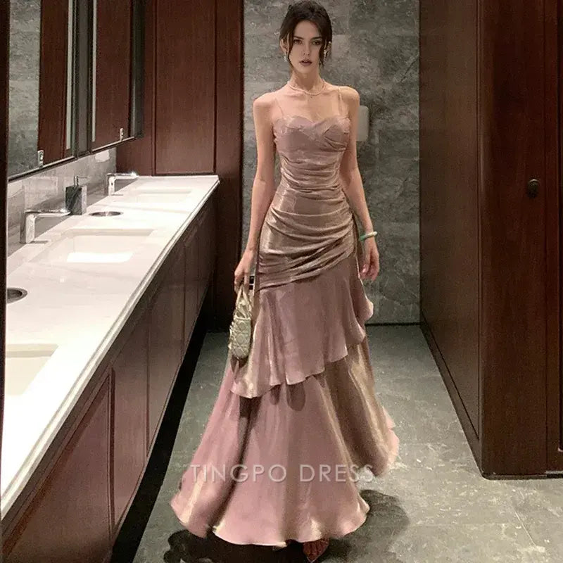 Elegant A-Line Spaghetti Strap Ruffled Mermaid Maxi Dress with Metallic Sheen Prom Dress