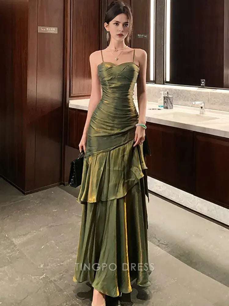 Elegant A-Line Spaghetti Strap Ruffled Mermaid Maxi Dress with Metallic Sheen Prom Dress