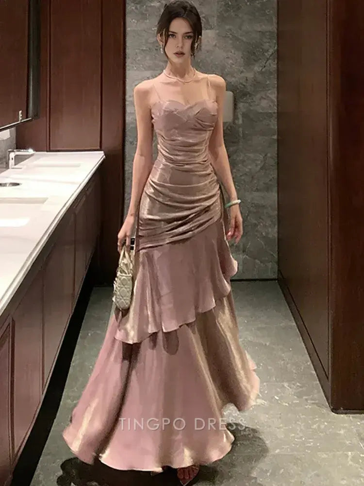 Elegant A-Line Spaghetti Strap Ruffled Mermaid Maxi Dress with Metallic Sheen Prom Dress