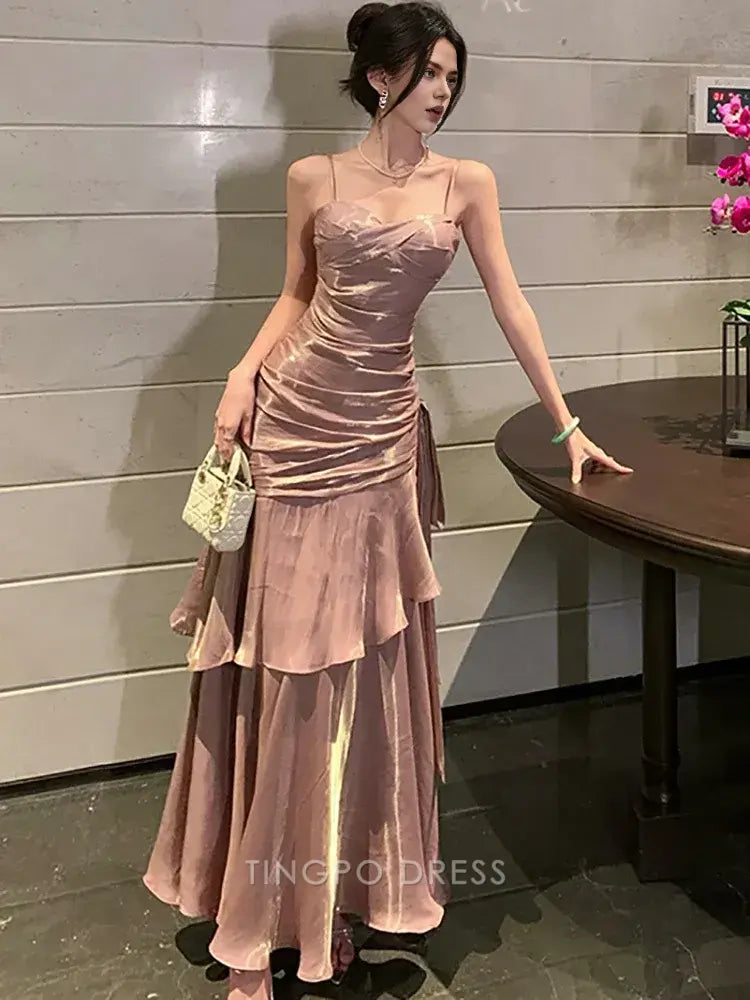 Elegant A-Line Spaghetti Strap Ruffled Mermaid Maxi Dress with Metallic Sheen Prom Dress