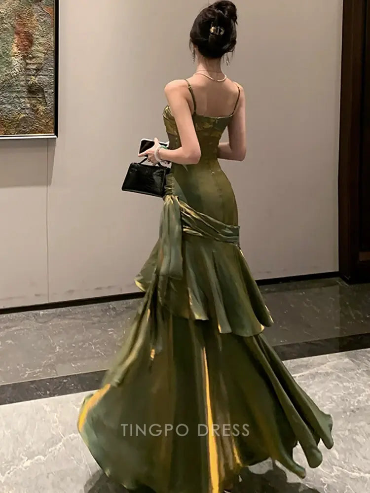 Elegant A-Line Spaghetti Strap Ruffled Mermaid Maxi Dress with Metallic Sheen Prom Dress