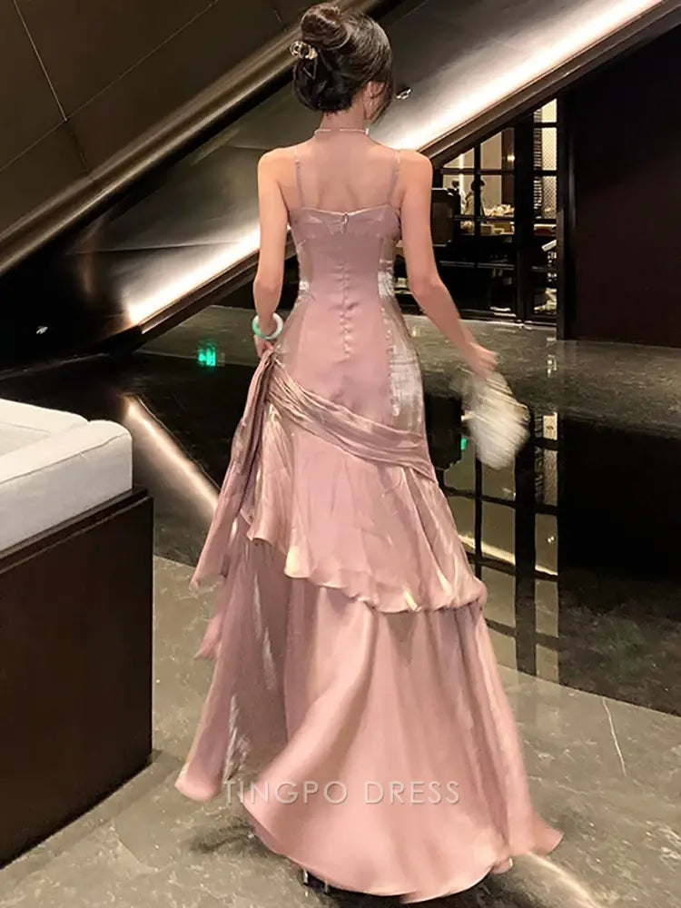 Elegant A-Line Spaghetti Strap Ruffled Mermaid Maxi Dress with Metallic Sheen Prom Dress