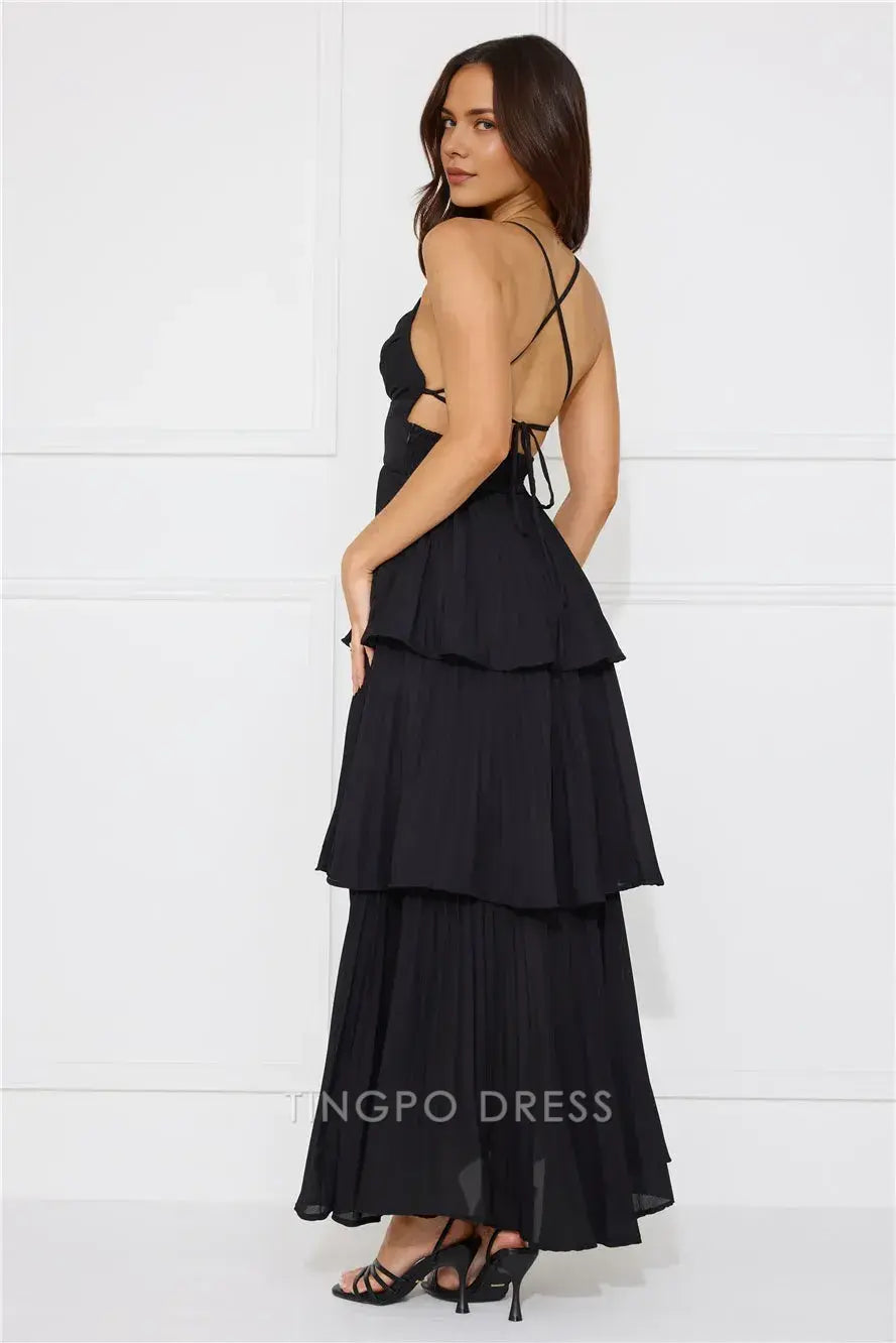 Elegant A-Line Spaghetti Strap Tiered Maxi Dress with Open Back Prom Dress