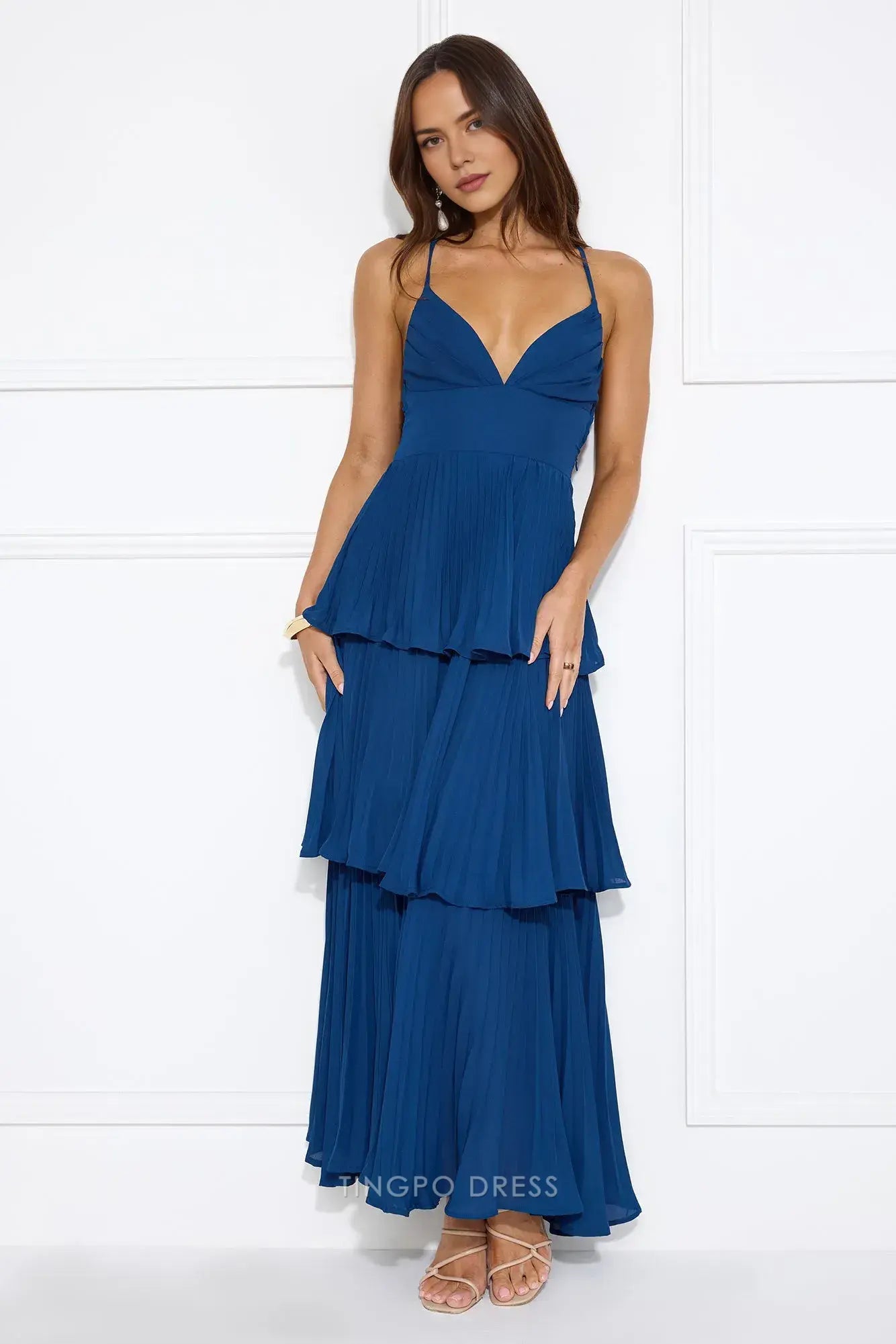 Elegant A-Line Spaghetti Strap Tiered Maxi Dress with Open Back Prom Dress