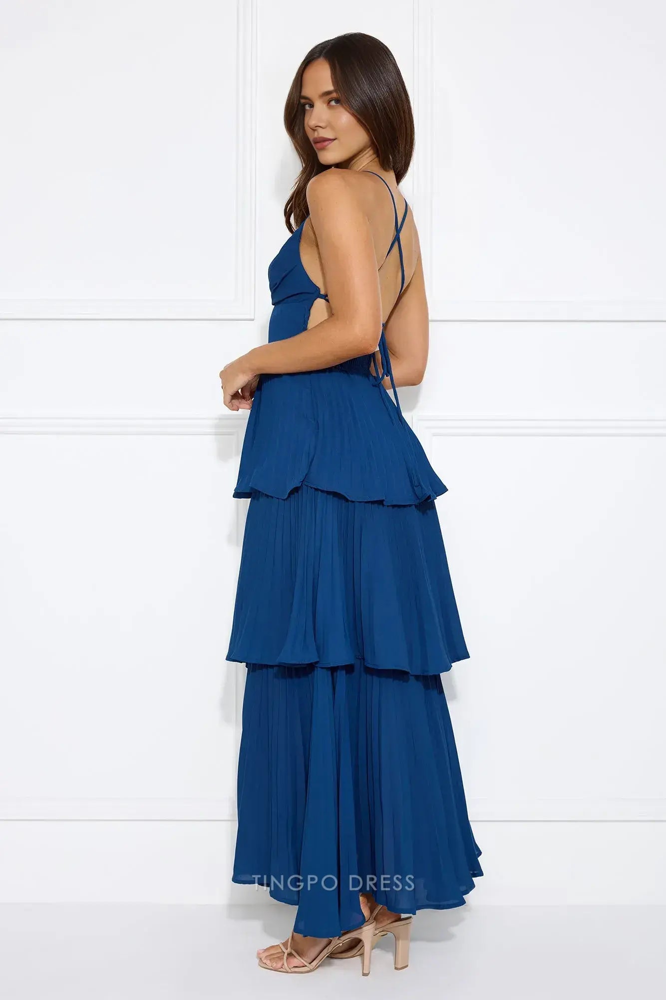 Elegant A-Line Spaghetti Strap Tiered Maxi Dress with Open Back Prom Dress