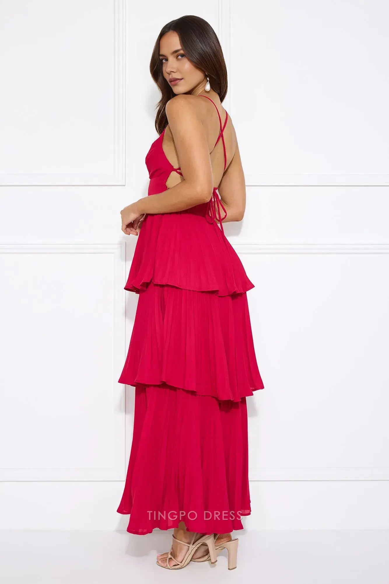 Elegant A-Line Spaghetti Strap Tiered Maxi Dress with Open Back Prom Dress