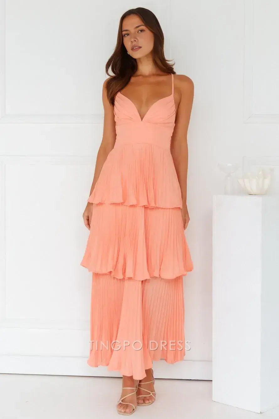 Elegant A-Line Spaghetti Strap Tiered Maxi Dress with Open Back Prom Dress