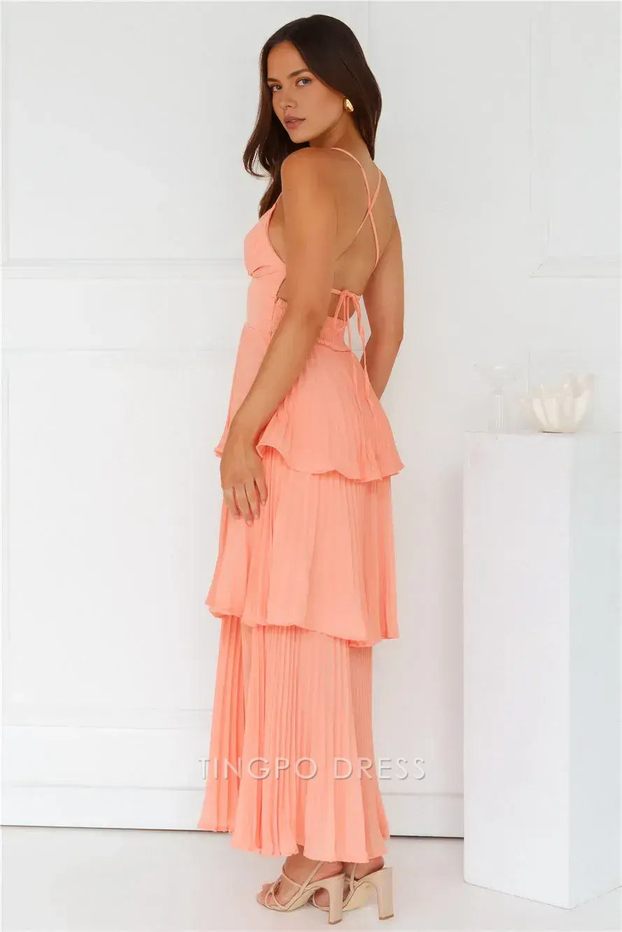 Elegant A-Line Spaghetti Strap Tiered Maxi Dress with Open Back Prom Dress