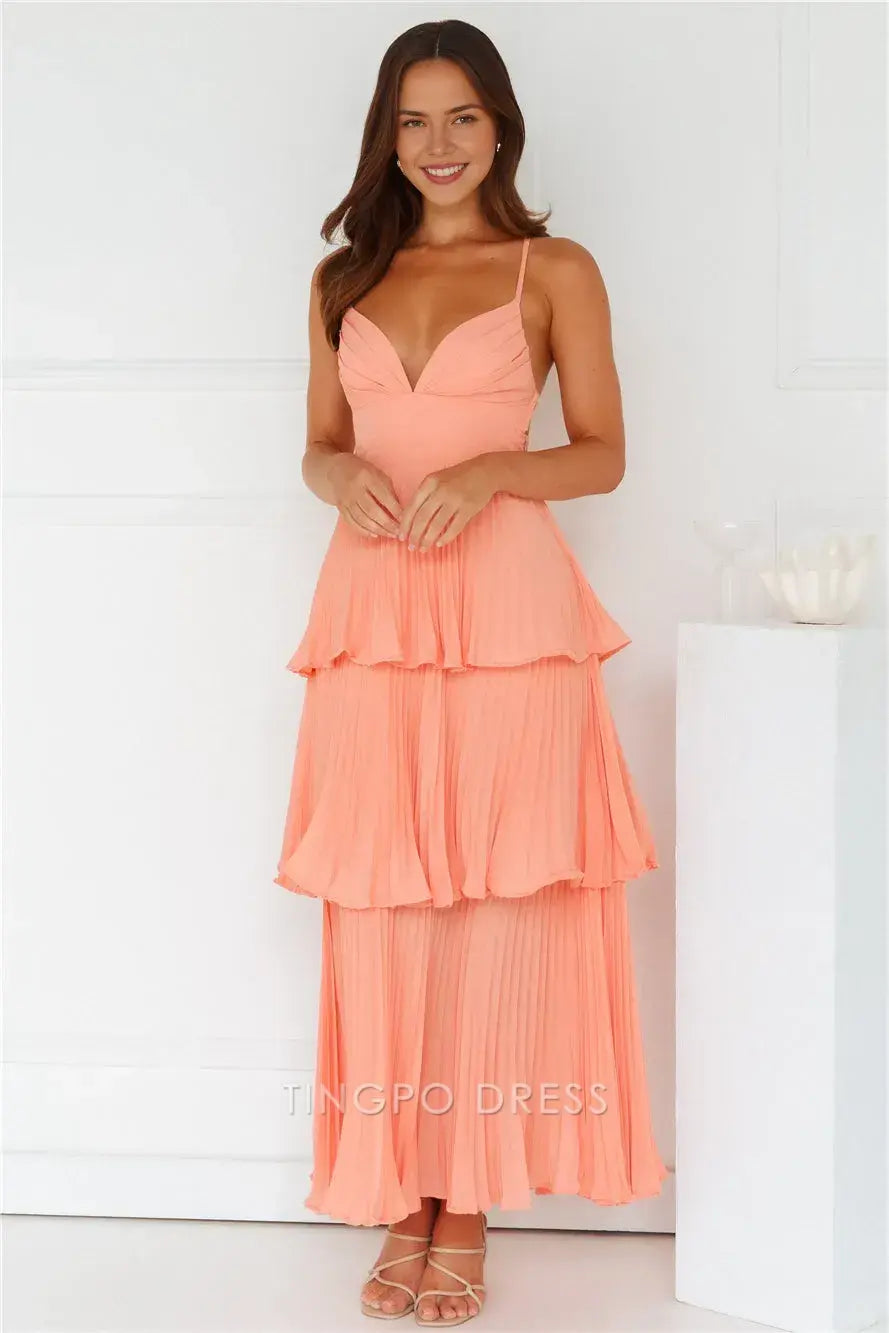 Elegant A-Line Spaghetti Strap Tiered Maxi Dress with Open Back Prom Dress