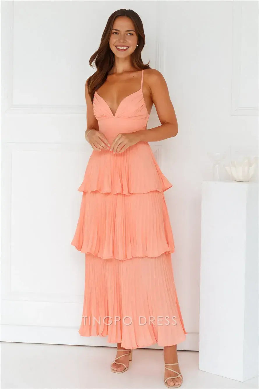 Elegant A-Line Spaghetti Strap Tiered Maxi Dress with Open Back Prom Dress