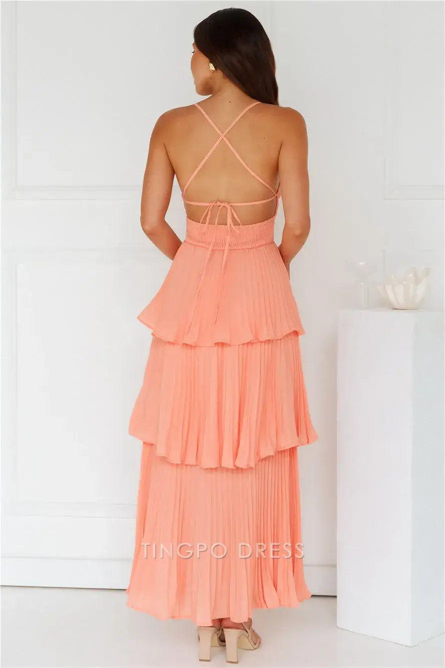 Elegant A-Line Spaghetti Strap Tiered Maxi Dress with Open Back Prom Dress
