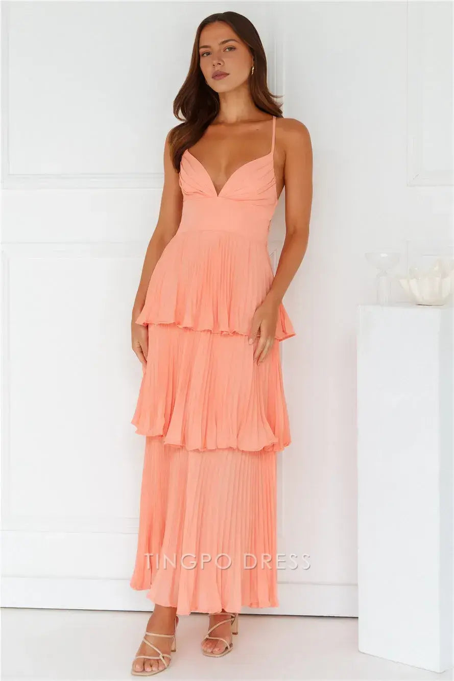 Elegant A-Line Spaghetti Strap Tiered Maxi Dress with Open Back Prom Dress