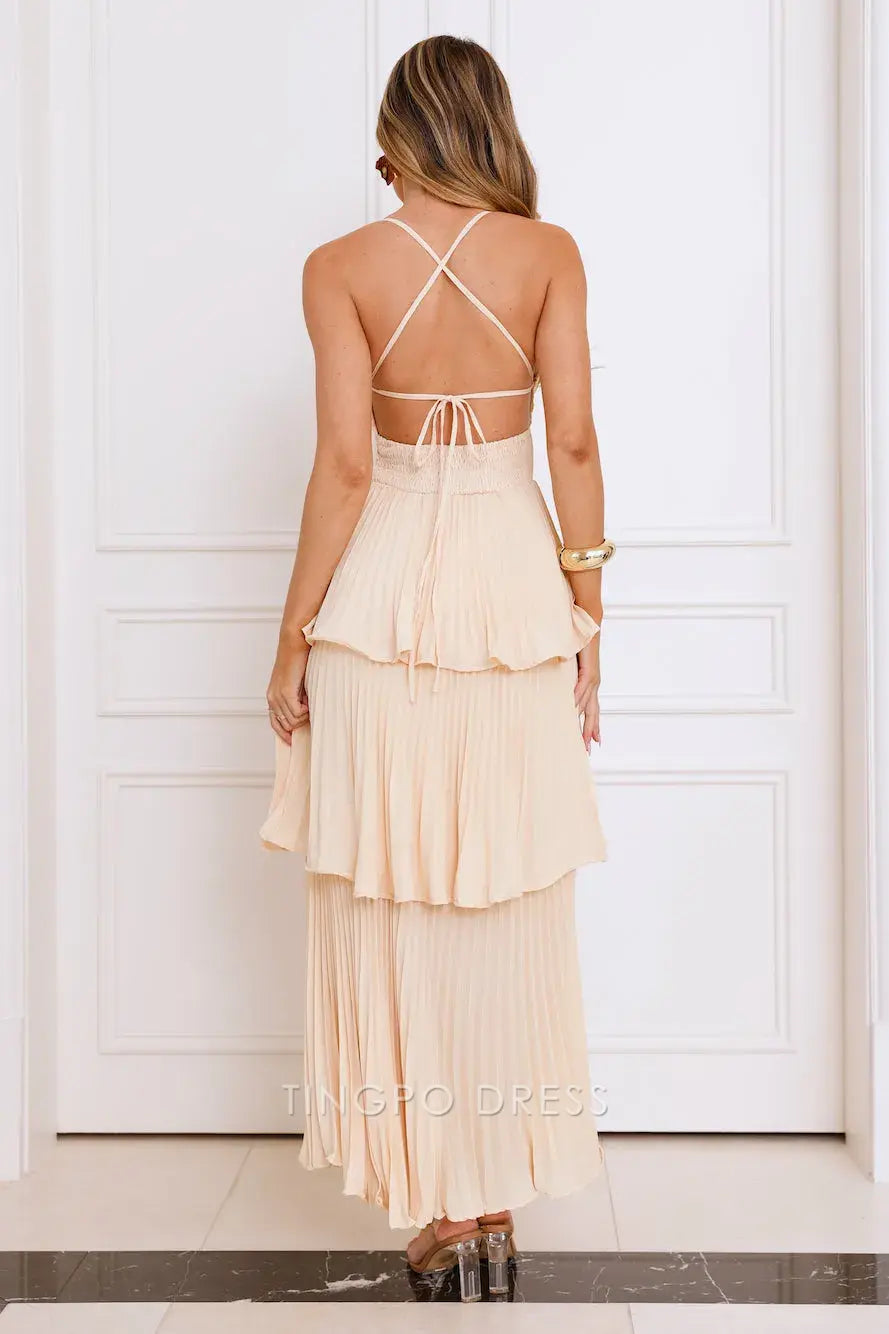 Elegant A-Line Spaghetti Strap Tiered Maxi Dress with Open Back Prom Dress