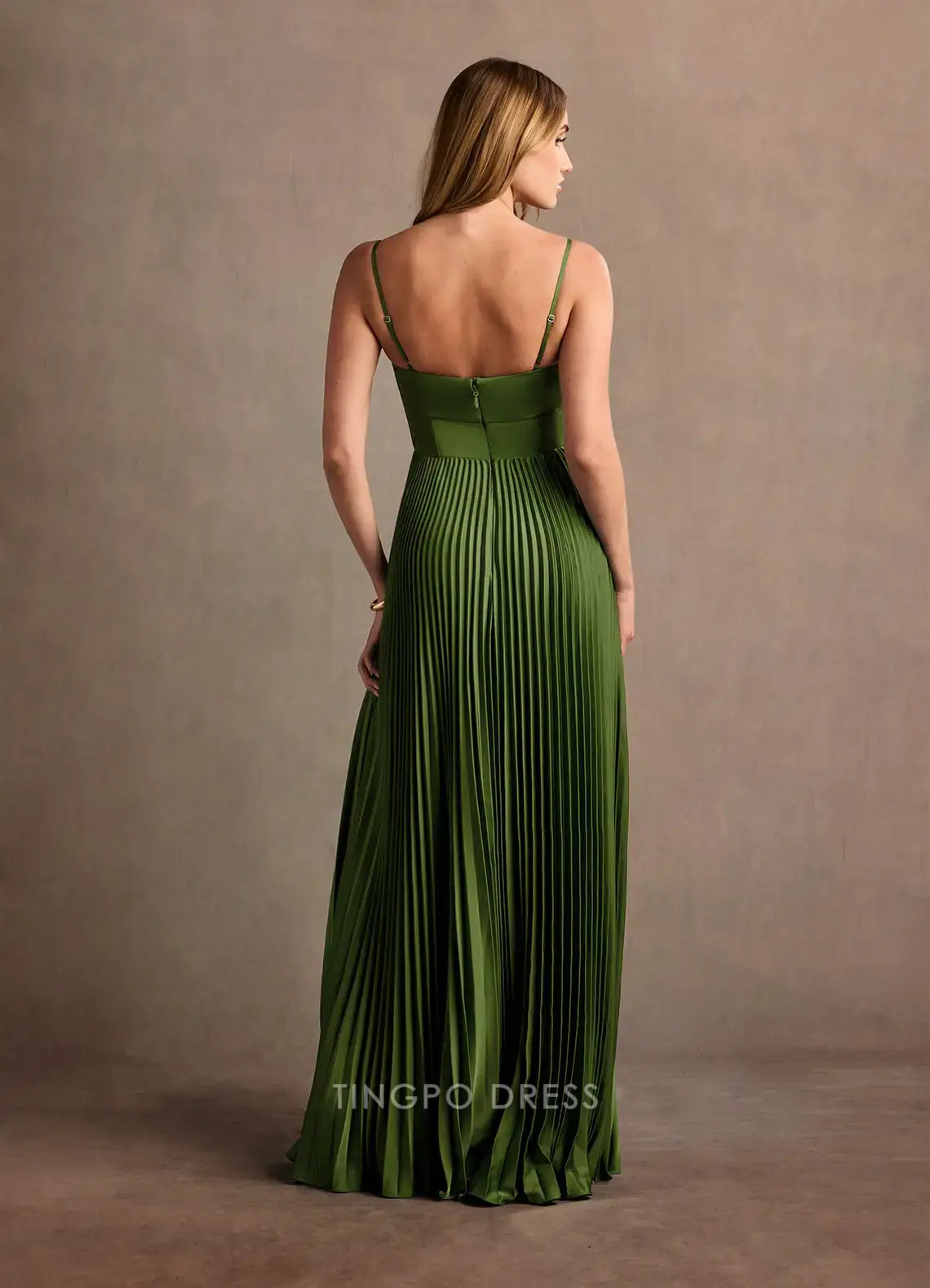 Elegant A-Line Spaghetti Strap Twist Front Pleated Maxi Dress with Side Slit Prom Dress