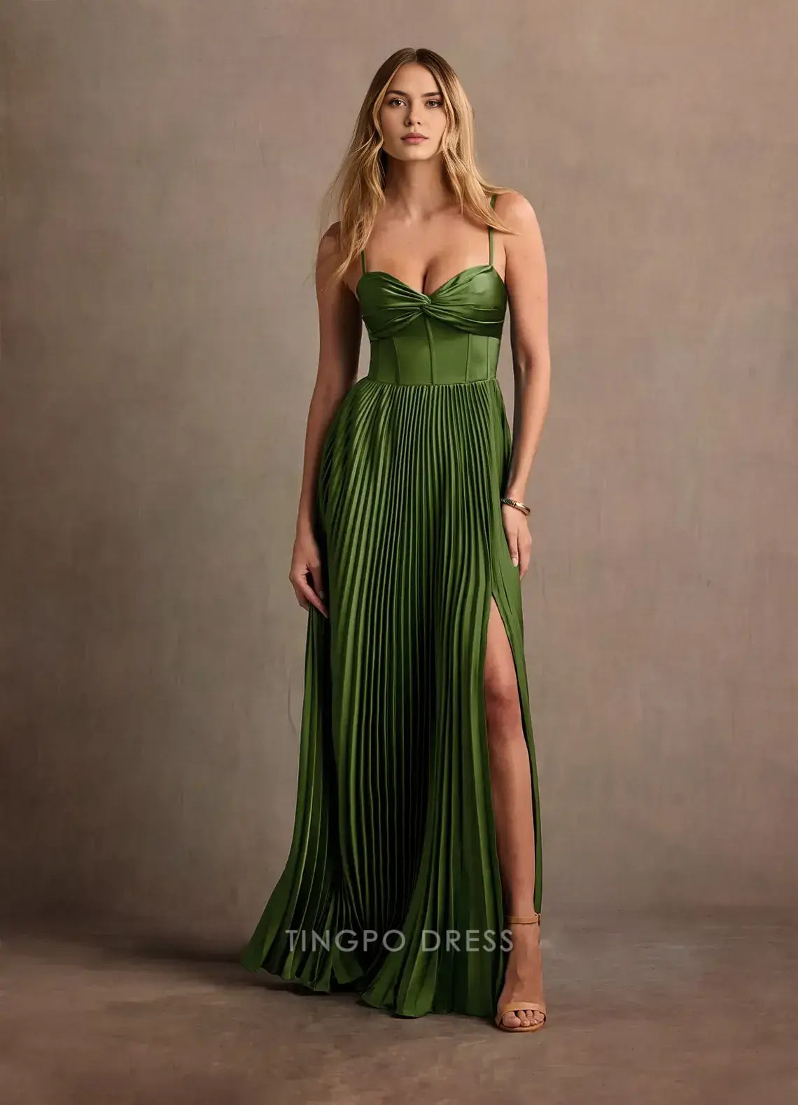 Elegant A-Line Spaghetti Strap Twist Front Pleated Maxi Dress with Side Slit Prom Dress