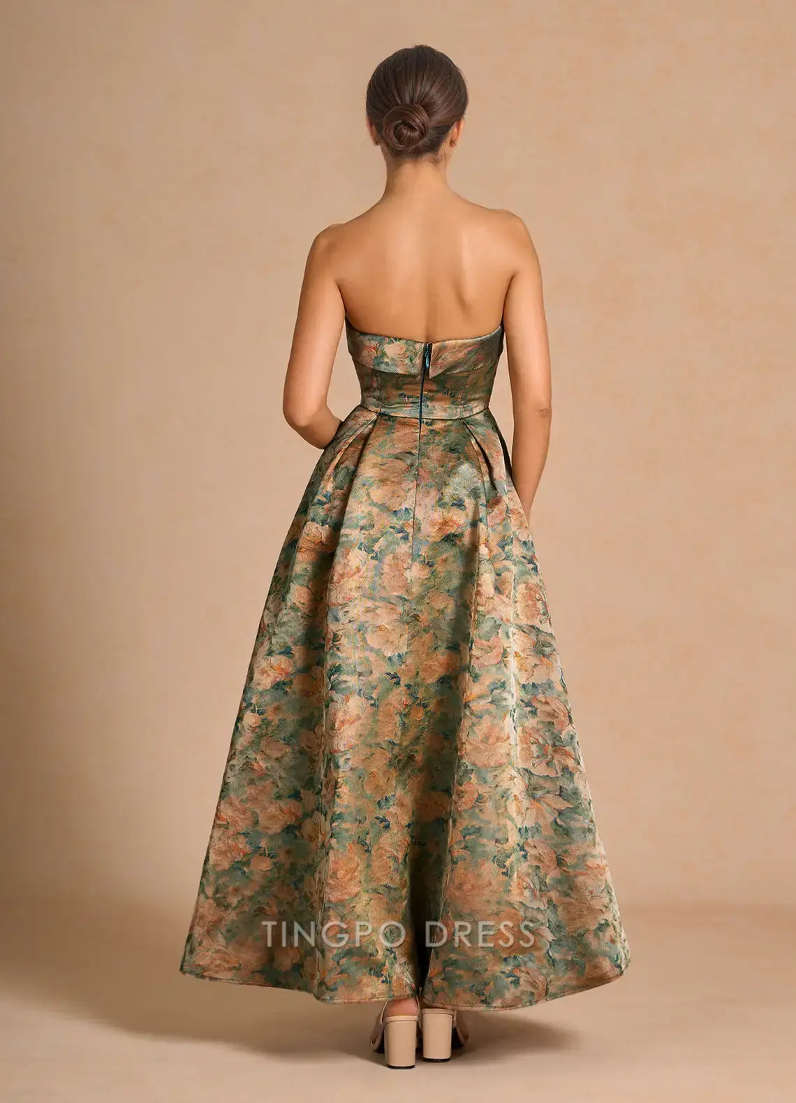 Elegant A-Line Strapless Floral Jacquard Ankle-Length Ball Gown Prom Dress