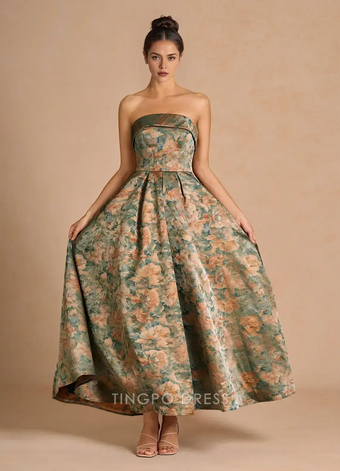 Elegant A-Line Strapless Floral Jacquard Ankle-Length Ball Gown Prom Dress