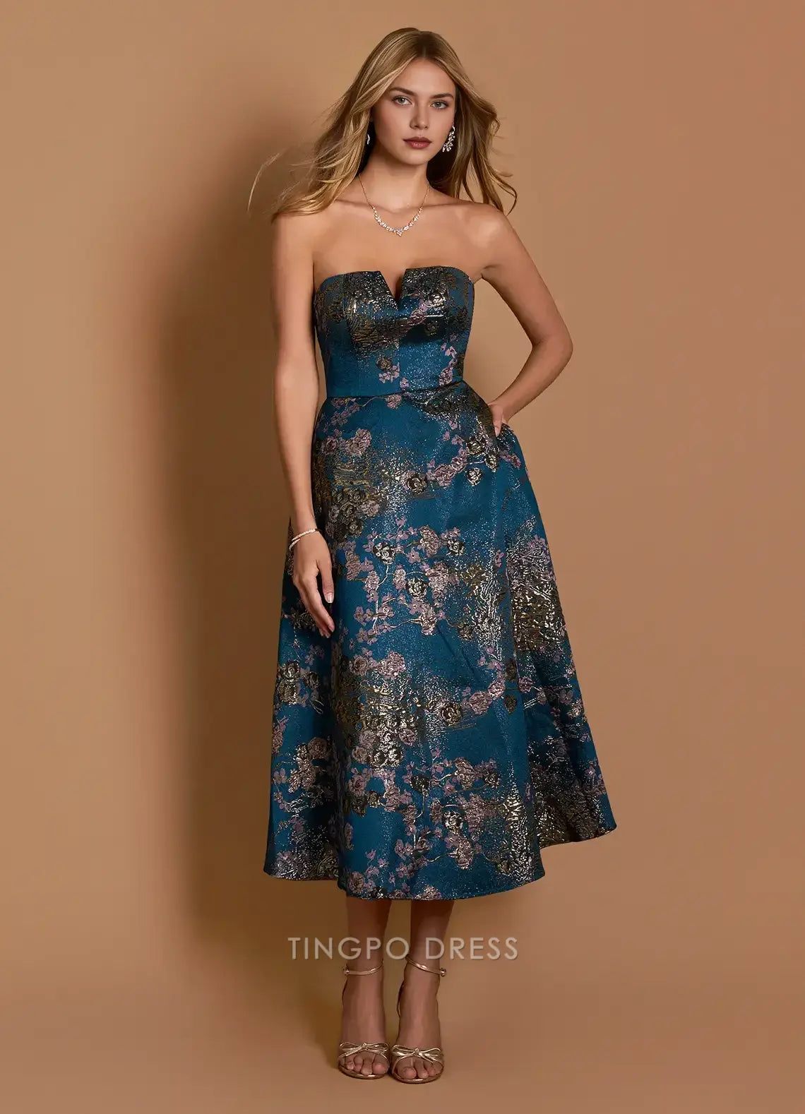 Elegant A-Line Strapless Floral Jacquard Tea-Length Midi Dress Prom Dress