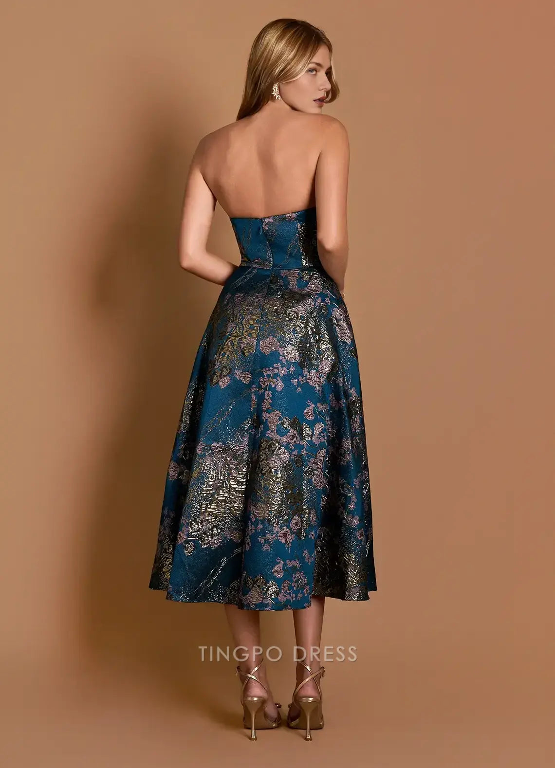 Elegant A-Line Strapless Floral Jacquard Tea-Length Midi Dress Prom Dress