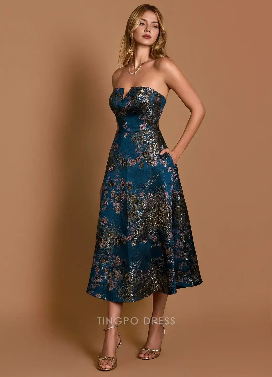 Elegant A-Line Strapless Floral Jacquard Tea-Length Midi Dress Prom Dress