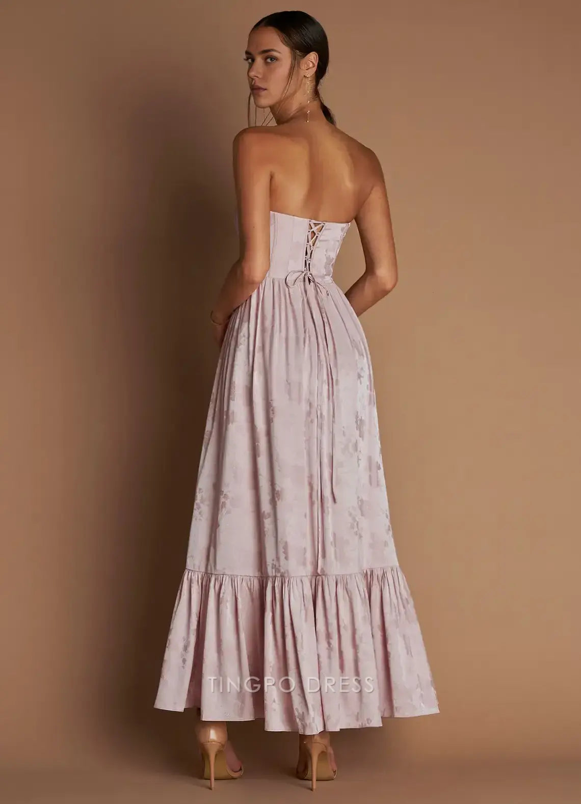 Elegant A-Line Strapless Lace - Up Back Floral Jacquard Maxi Dress with Side Slit Prom Dress