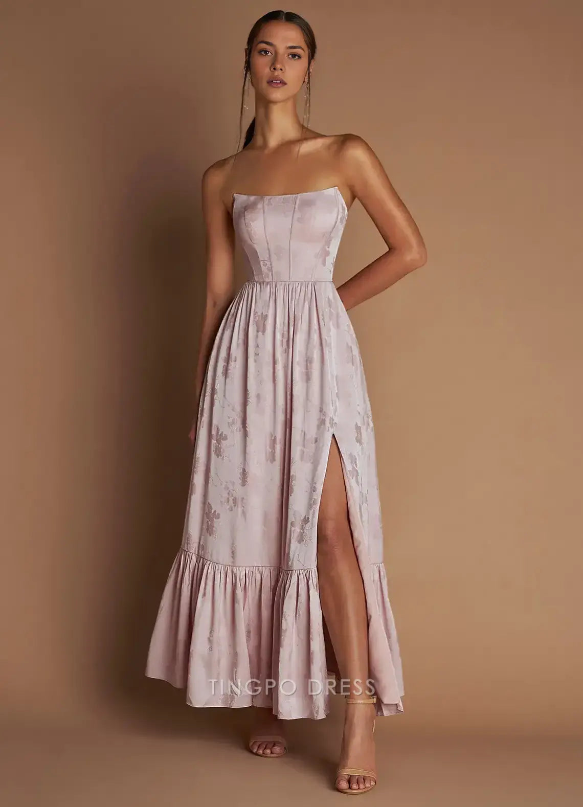 Elegant A-Line Strapless Lace - Up Back Floral Jacquard Maxi Dress with Side Slit Prom Dress