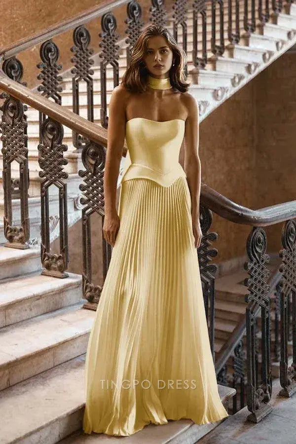 Elegant A-Line Strapless Pleated Mermaid Maxi Dress with Detachable Cape Prom Dress