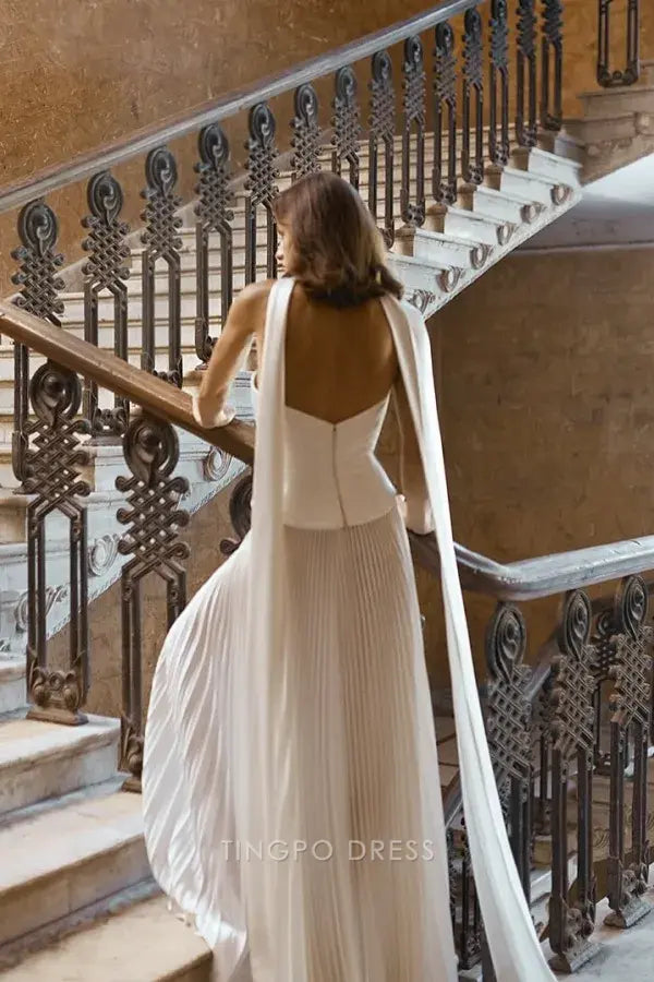 Elegant A-Line Strapless Pleated Mermaid Maxi Dress with Detachable Cape Prom Dress