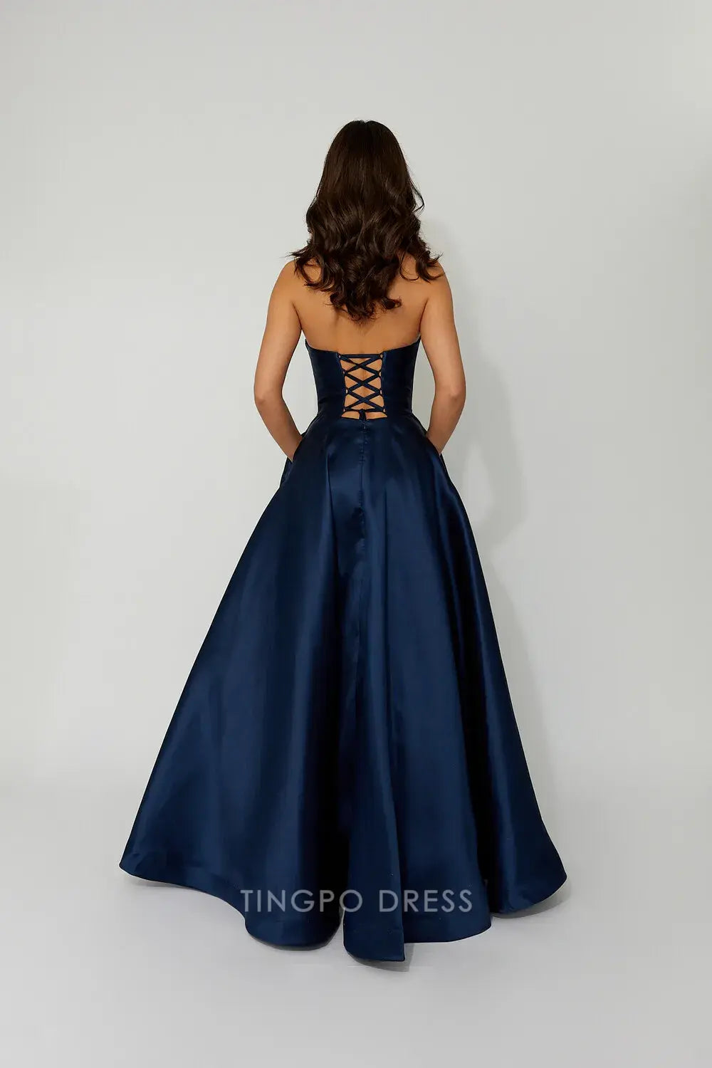 Elegant A-Line Strapless Satin Ball Gown with Crisscross Back and Pockets Prom Dress