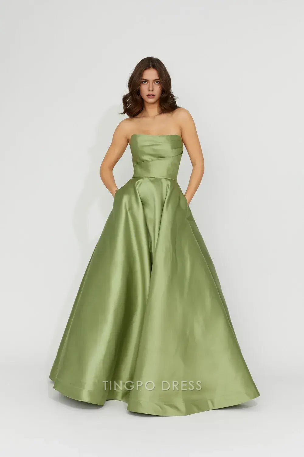 Elegant A-Line Strapless Satin Ball Gown with Crisscross Back and Pockets Prom Dress