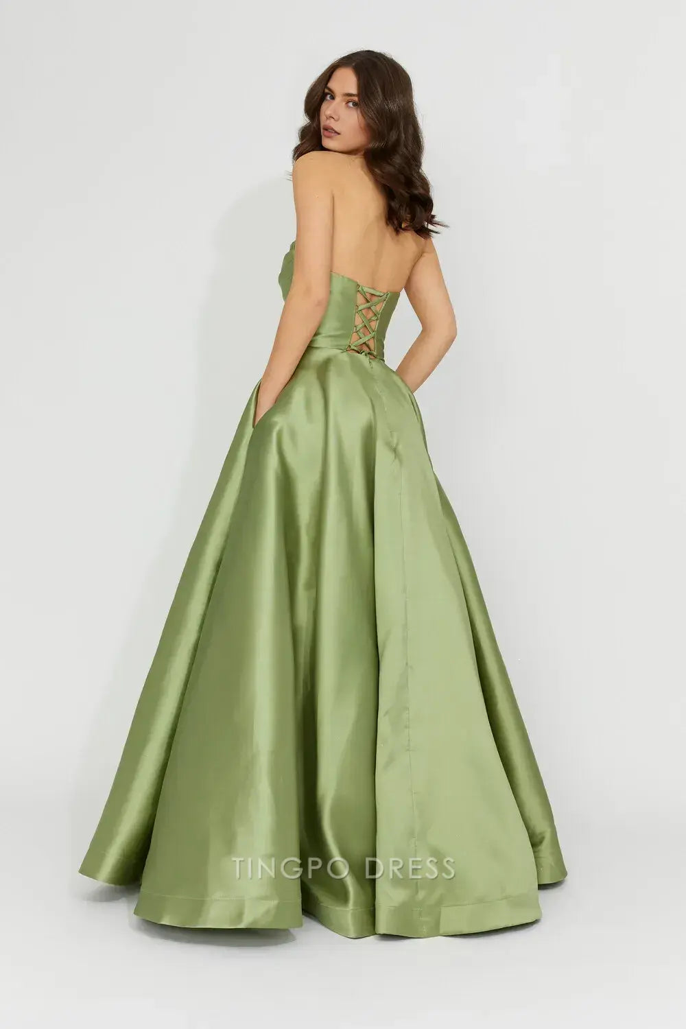 Elegant A-Line Strapless Satin Ball Gown with Crisscross Back and Pockets Prom Dress