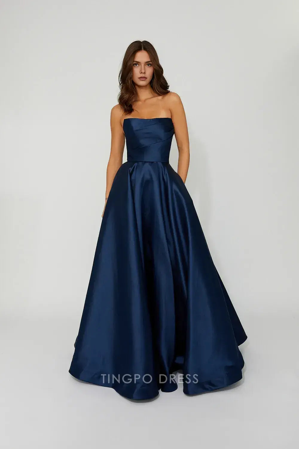 Elegant A-Line Strapless Satin Ball Gown with Crisscross Back and Pockets Prom Dress
