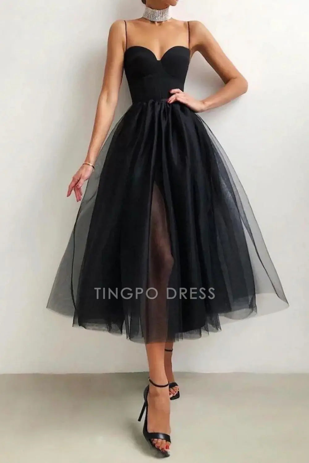 TingPo Wholesale Elegant A-line Spaghetti Straps Black Homecoming Dress formal wear dresses