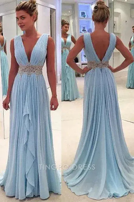 Elegant A Line Deep Neck Sleeveless V Back Beading Pleats Chiffon Long Prom Dress
