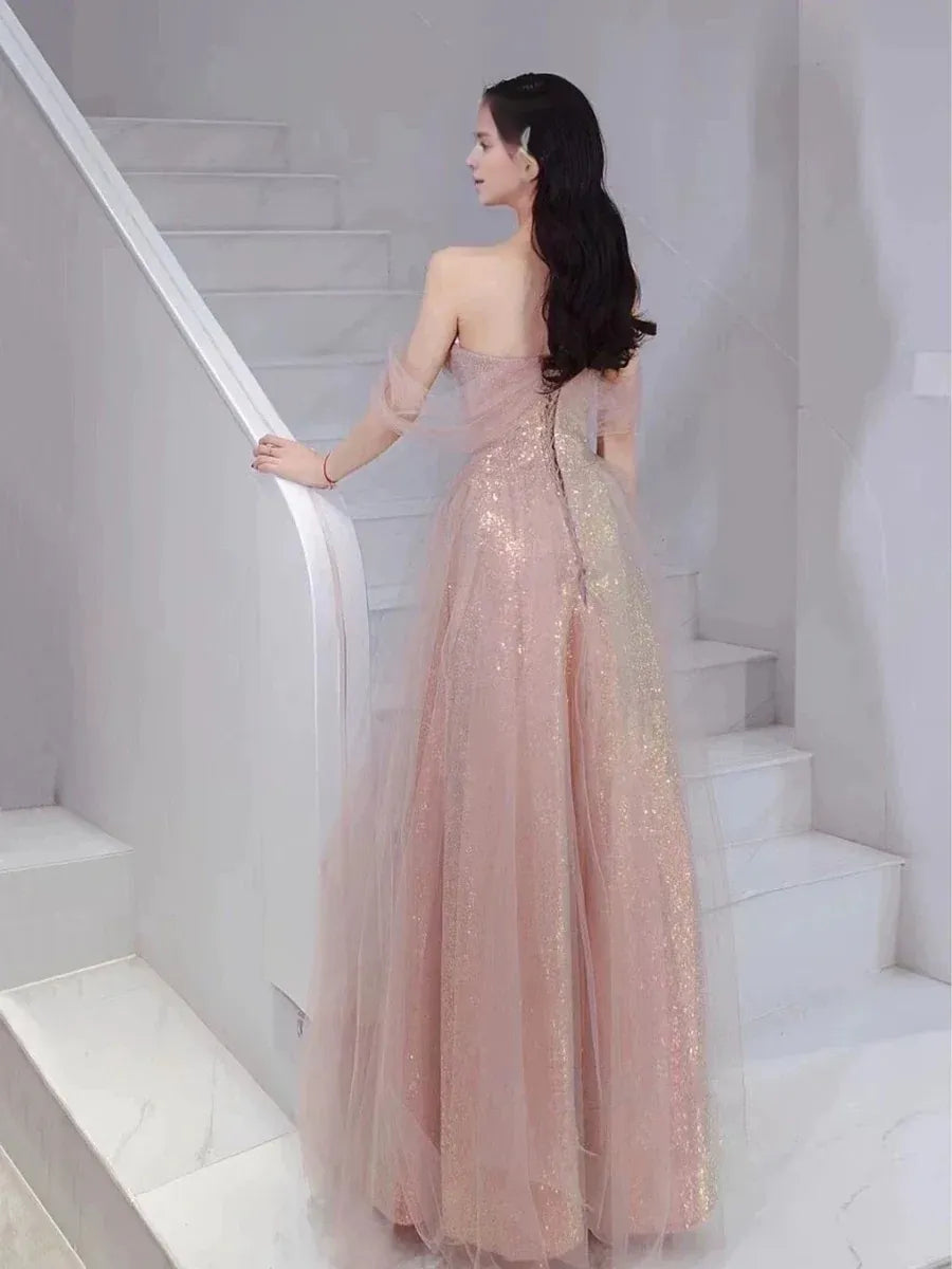 TingPo Wholesale Elegant A Line Spaghetti Straps Pink Sequin Long Prom Dress Evening Dresses