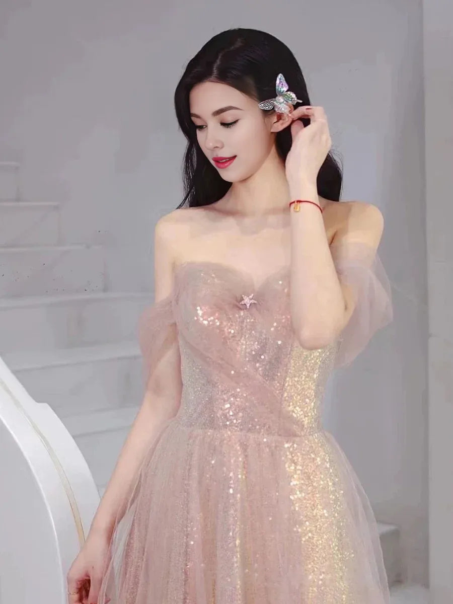 TingPo Wholesale Elegant A Line Spaghetti Straps Pink Sequin Long Prom Dress Evening Dresses