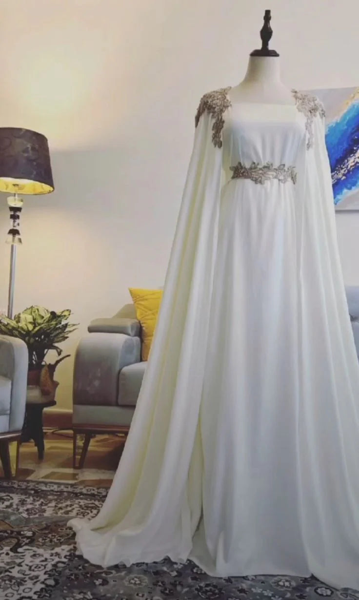 TingPo Wholesale Elegant A Line Square Neckline White Chiffon Long Prom Dress Evening Dresses With Appliques