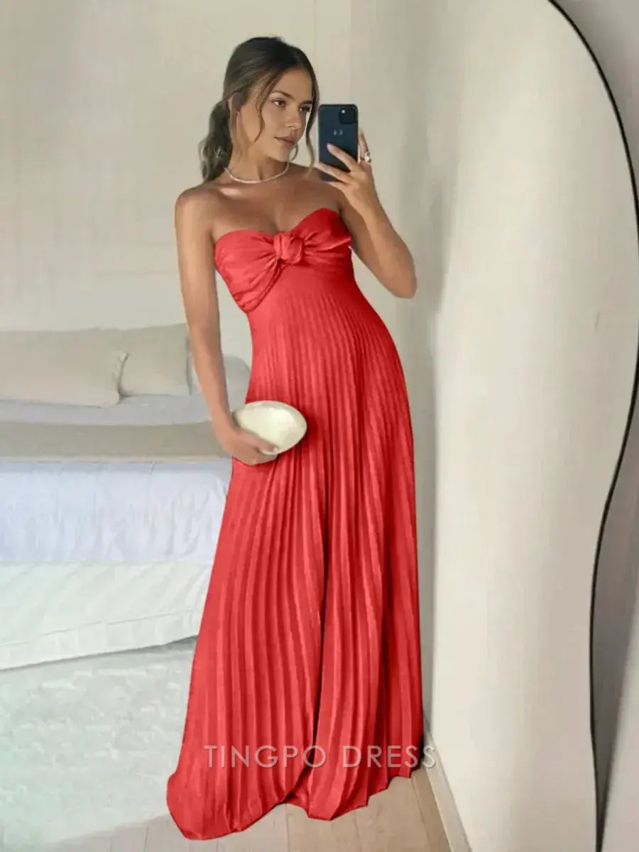 Elegant A Line Strapless Chiffon Bow Detail Pleated Maxi Dress with Scarf Long