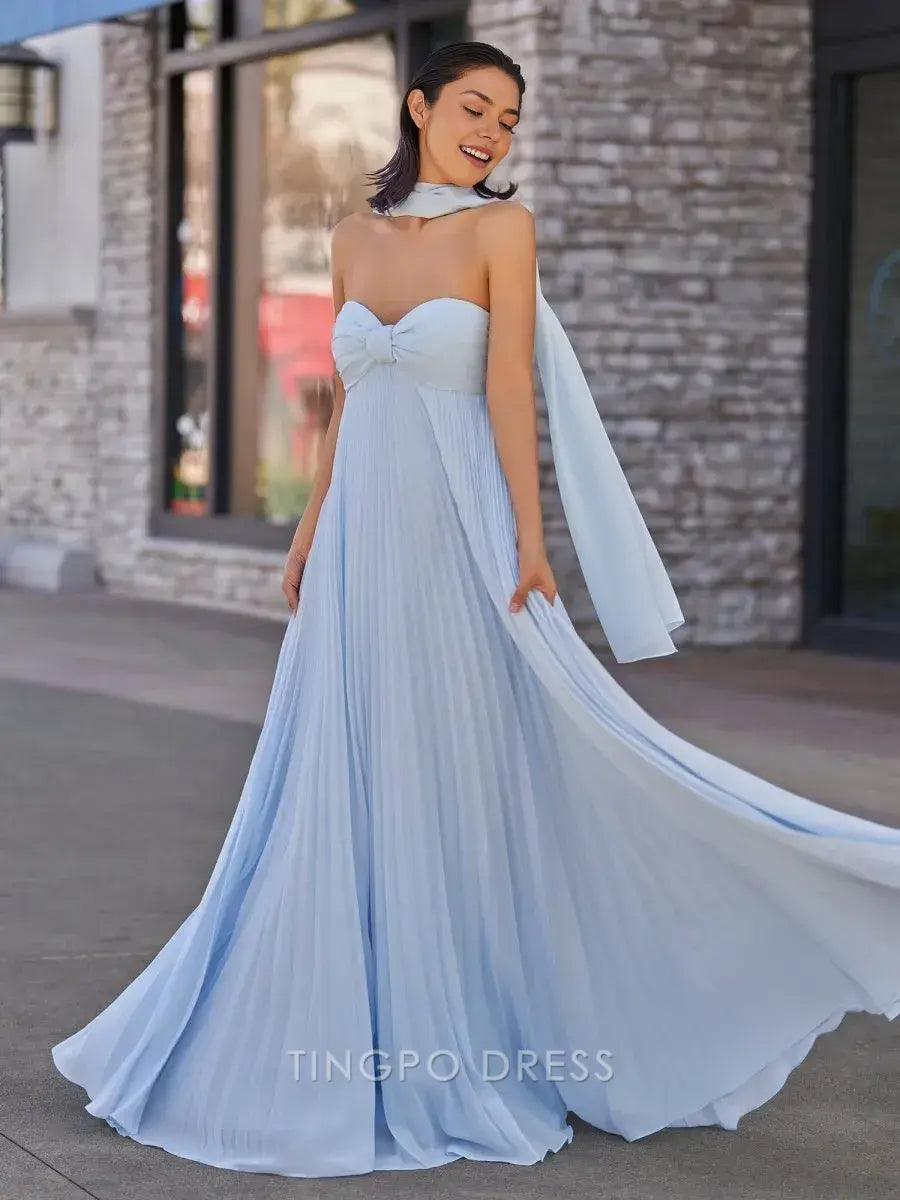 Elegant A Line Strapless Chiffon Bow Detail Pleated Maxi Dress with Scarf Long