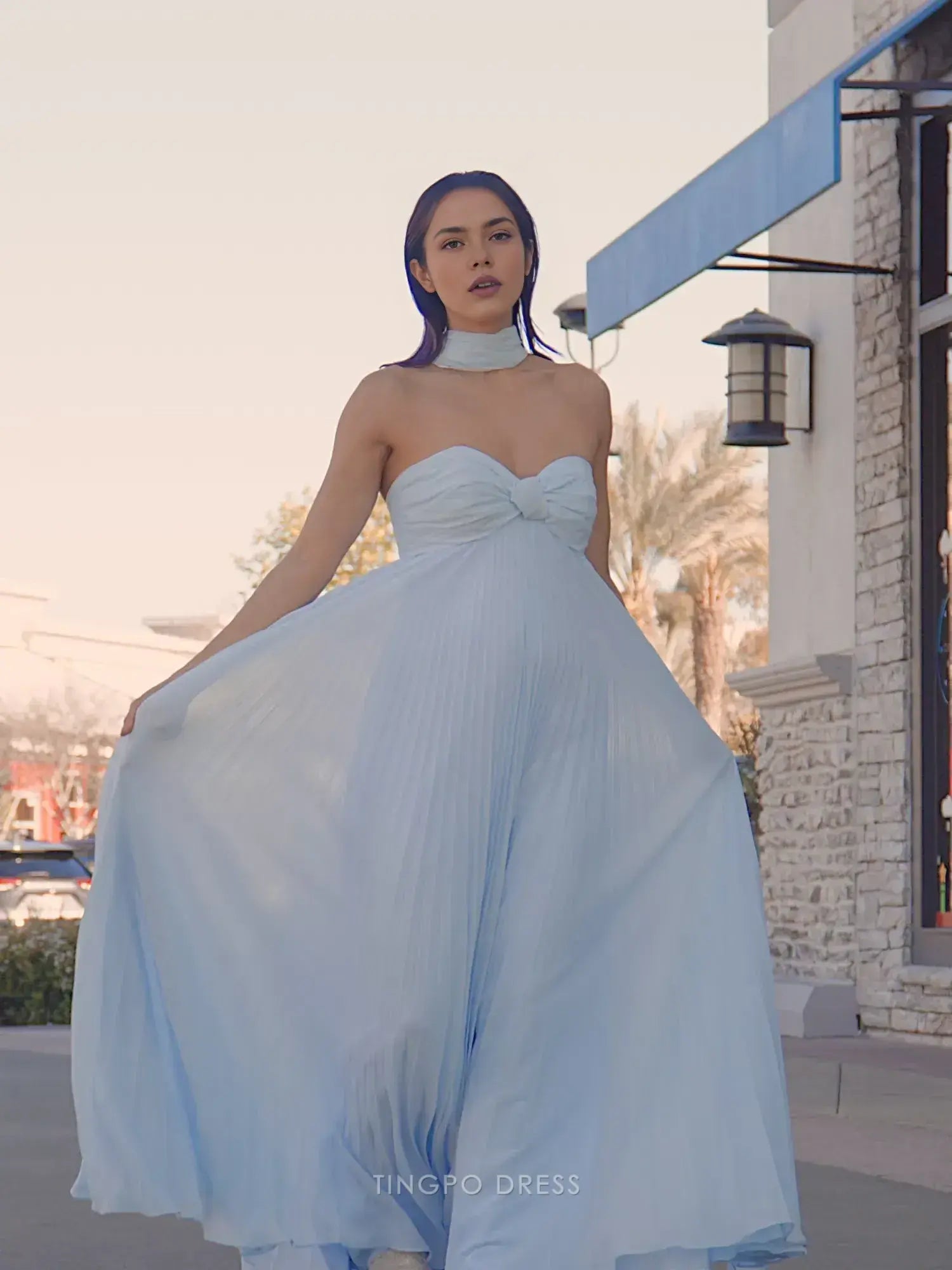 Elegant A Line Strapless Chiffon Bow Detail Pleated Maxi Dress with Scarf Long