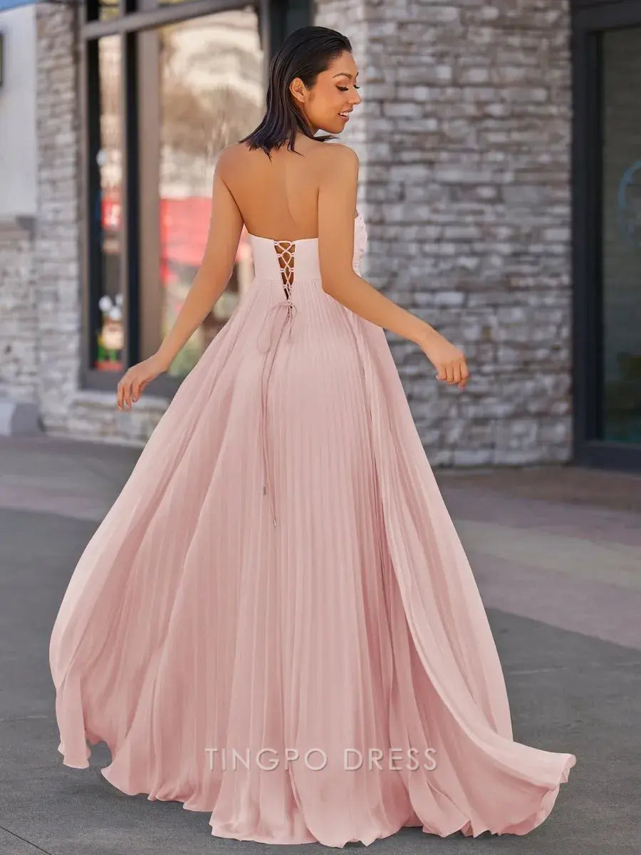 Elegant A Line Strapless Chiffon Bow Detail Pleated Maxi Dress with Scarf Long