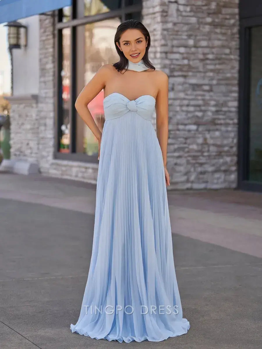 Elegant A Line Strapless Chiffon Bow Detail Pleated Maxi Dress with Scarf Long