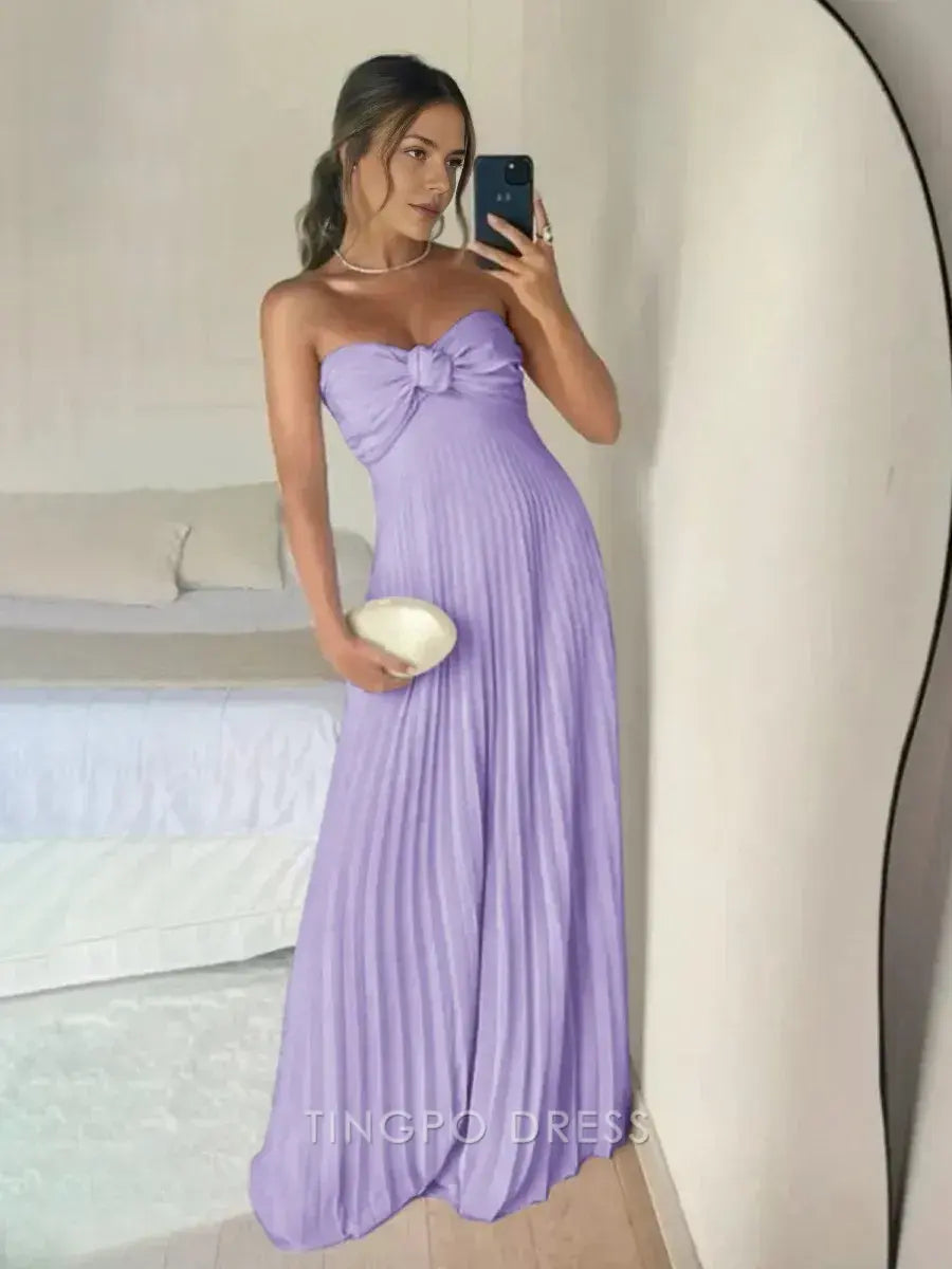 Elegant A Line Strapless Chiffon Bow Detail Pleated Maxi Dress with Scarf Long