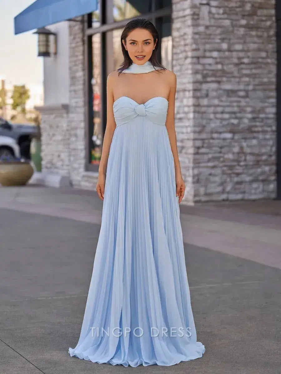 Elegant A Line Strapless Chiffon Bow Detail Pleated Maxi Dress with Scarf Long