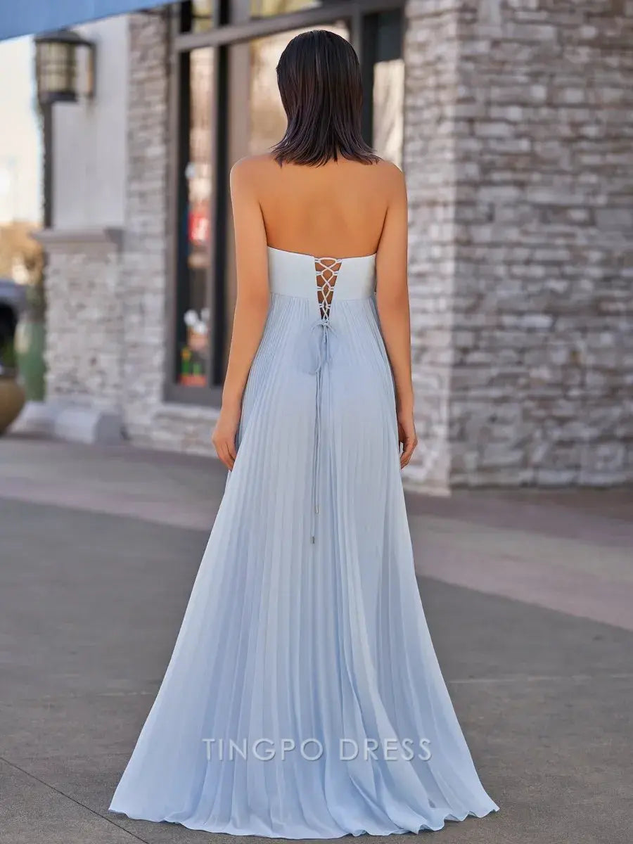 Elegant A Line Strapless Chiffon Bow Detail Pleated Maxi Dress with Scarf Long