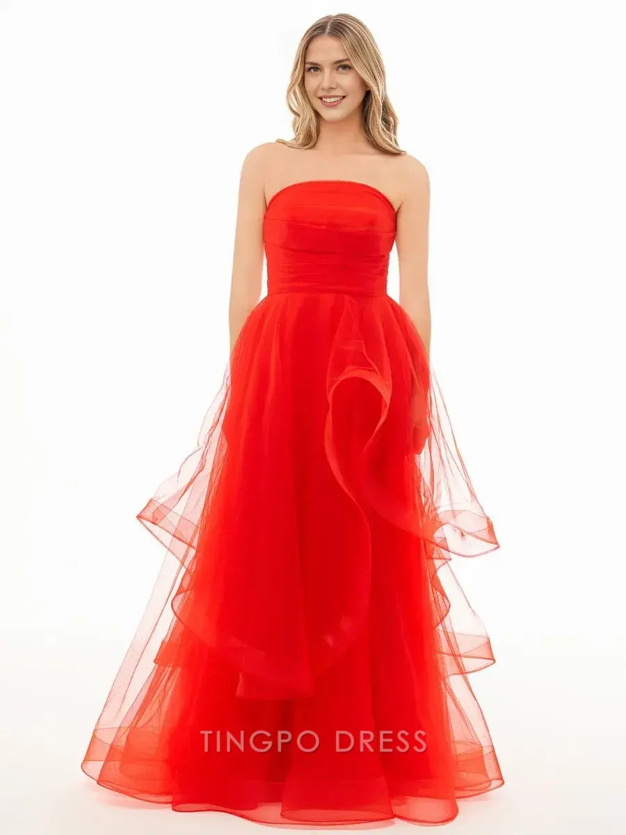 Elegant A Line Strapless Sleeveless Organza Floor-Length Prom Dress