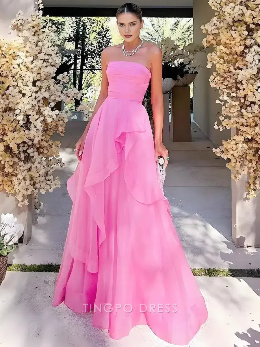 Elegant A Line Strapless Sleeveless Organza Floor-Length Prom Dress