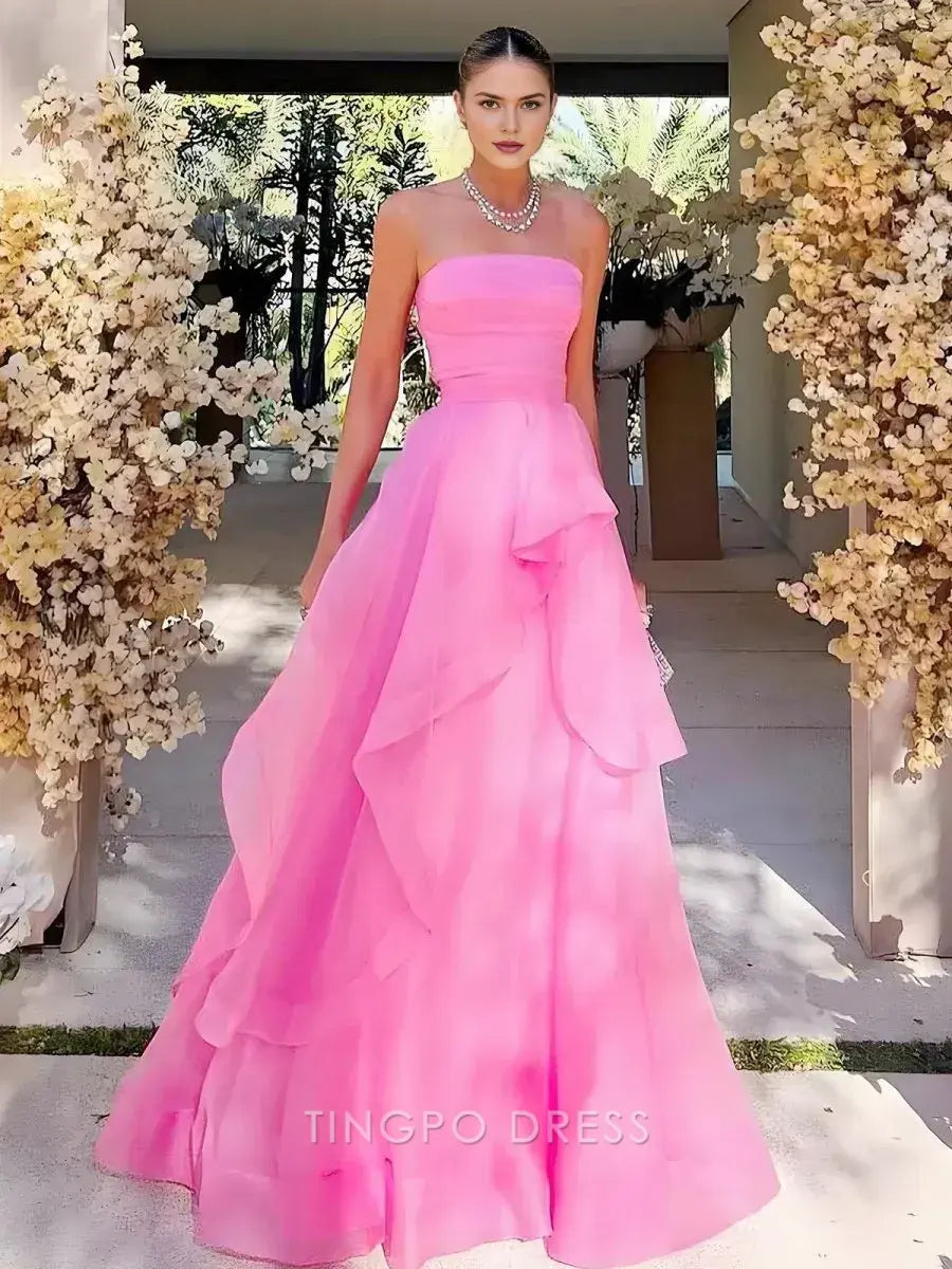 Elegant A Line Strapless Sleeveless Organza Floor-Length Prom Dress