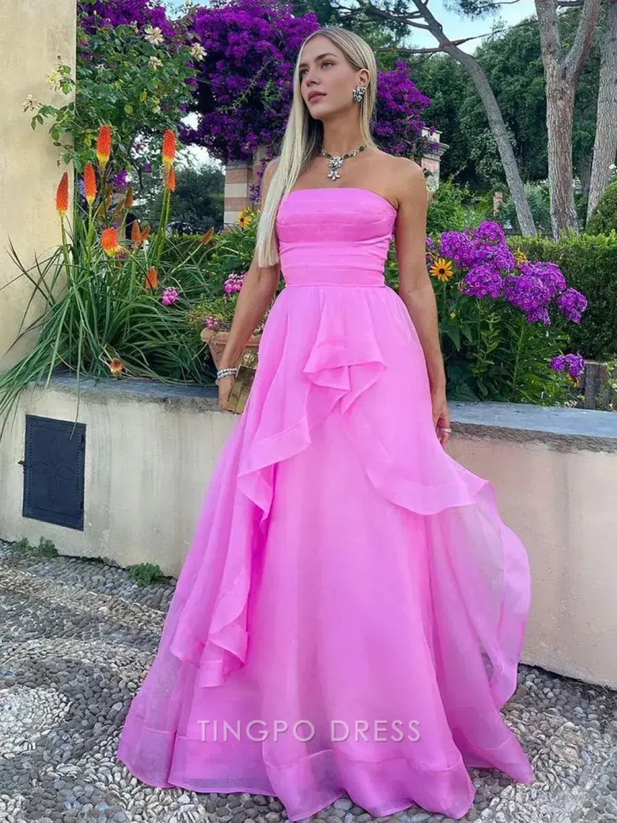 Elegant A Line Strapless Sleeveless Organza Floor-Length Prom Dress